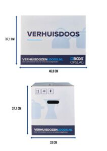 overzicht met afmetingen van de zelfsluitende verhuisdoos
