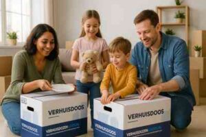 gezin druk bezig met inpakken